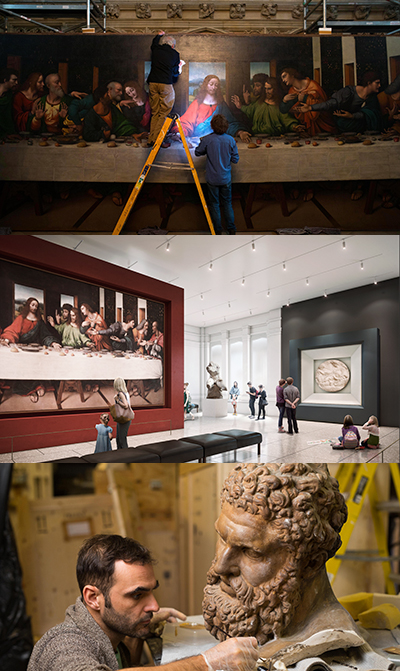Conservation of the Farnese Hercules plaster cast © Royal Academy of Arts, London; Photo: David Parry. Collection Gallery in 2018 © Hayes Davidson. Condition checking of the Last Supper at Magdalen College, Oxford © Royal Academy of Arts, London; Photo: David Parry.